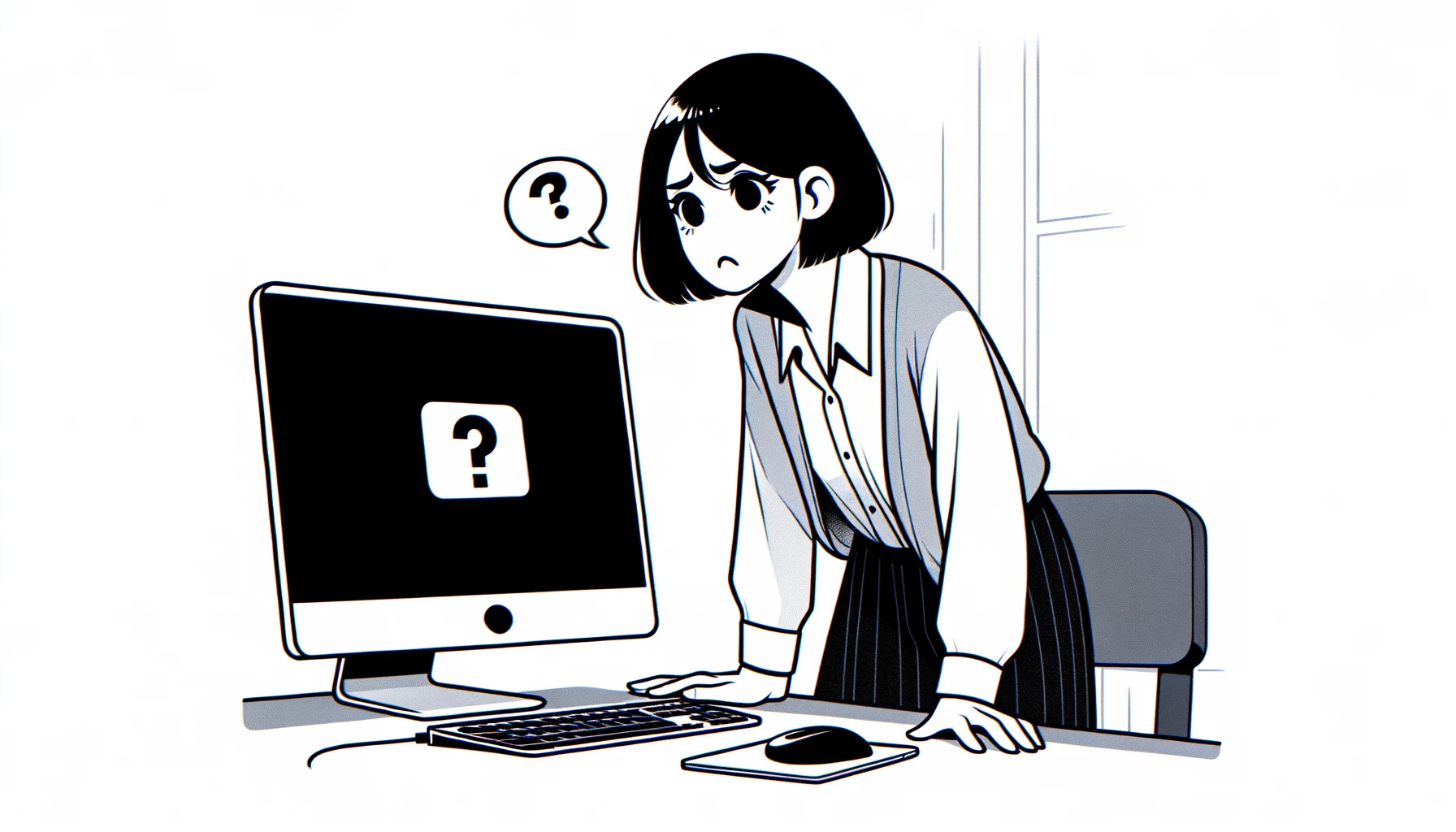 An illustration of a woman with short black hair looking frustrated and confused in front of a computer that won't start. The scene is set in a home office environment, showing the woman leaning towards the screen, trying to understand the problem. The computer screen is blank, indicating that the PC is not booting up. The style is simple and clean, with minimal background details to keep the focus on the woman and the computer. The illustration is wide.