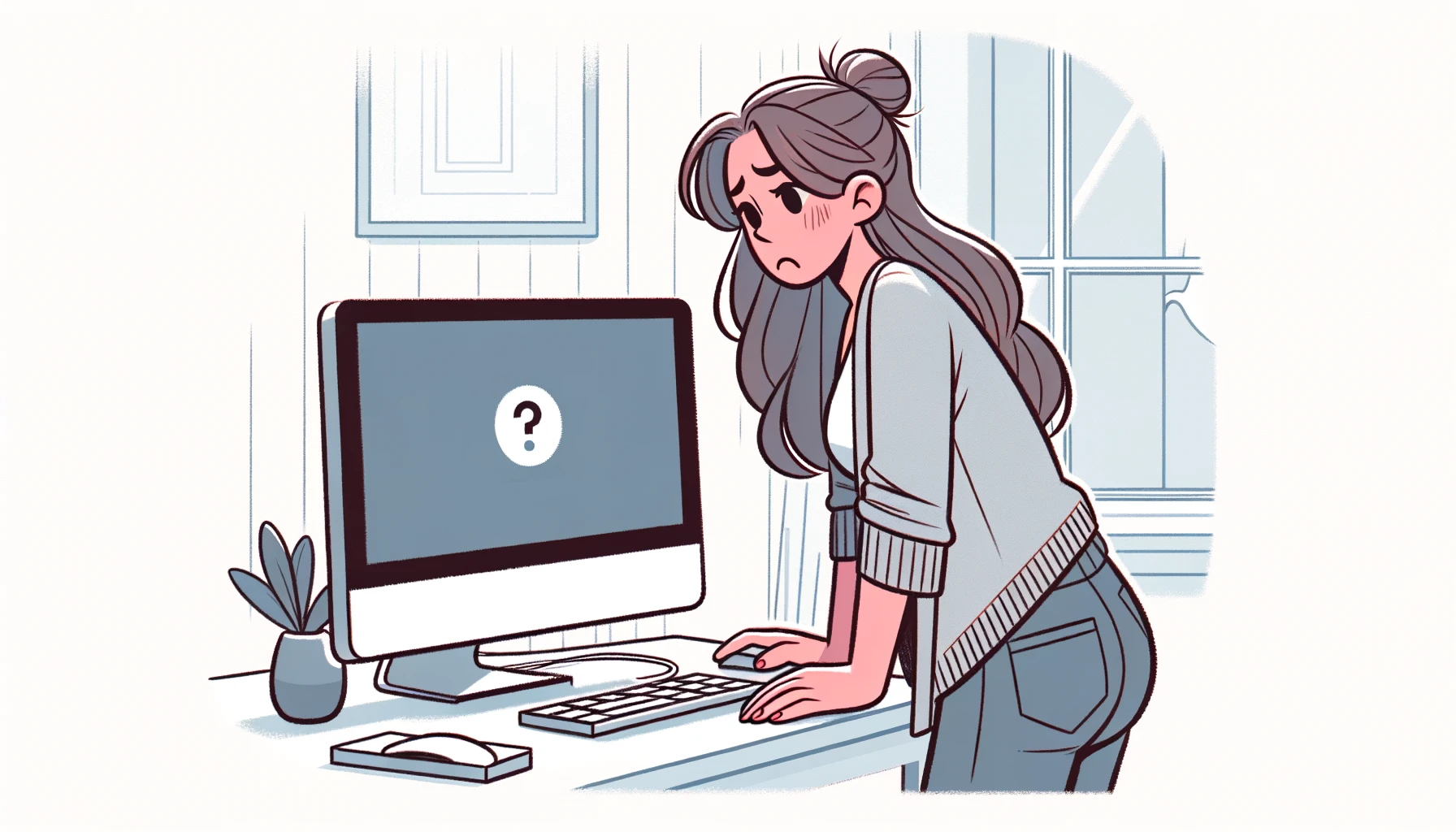 An illustration of a woman looking frustrated and confused in front of a computer that won't start. The scene is set in a home office environment, showing the woman leaning towards the screen, trying to understand the problem. The computer screen is blank, indicating that the PC is not booting up. The style is simple and clean, with minimal background details to keep the focus on the woman and the computer. The illustration is wide.