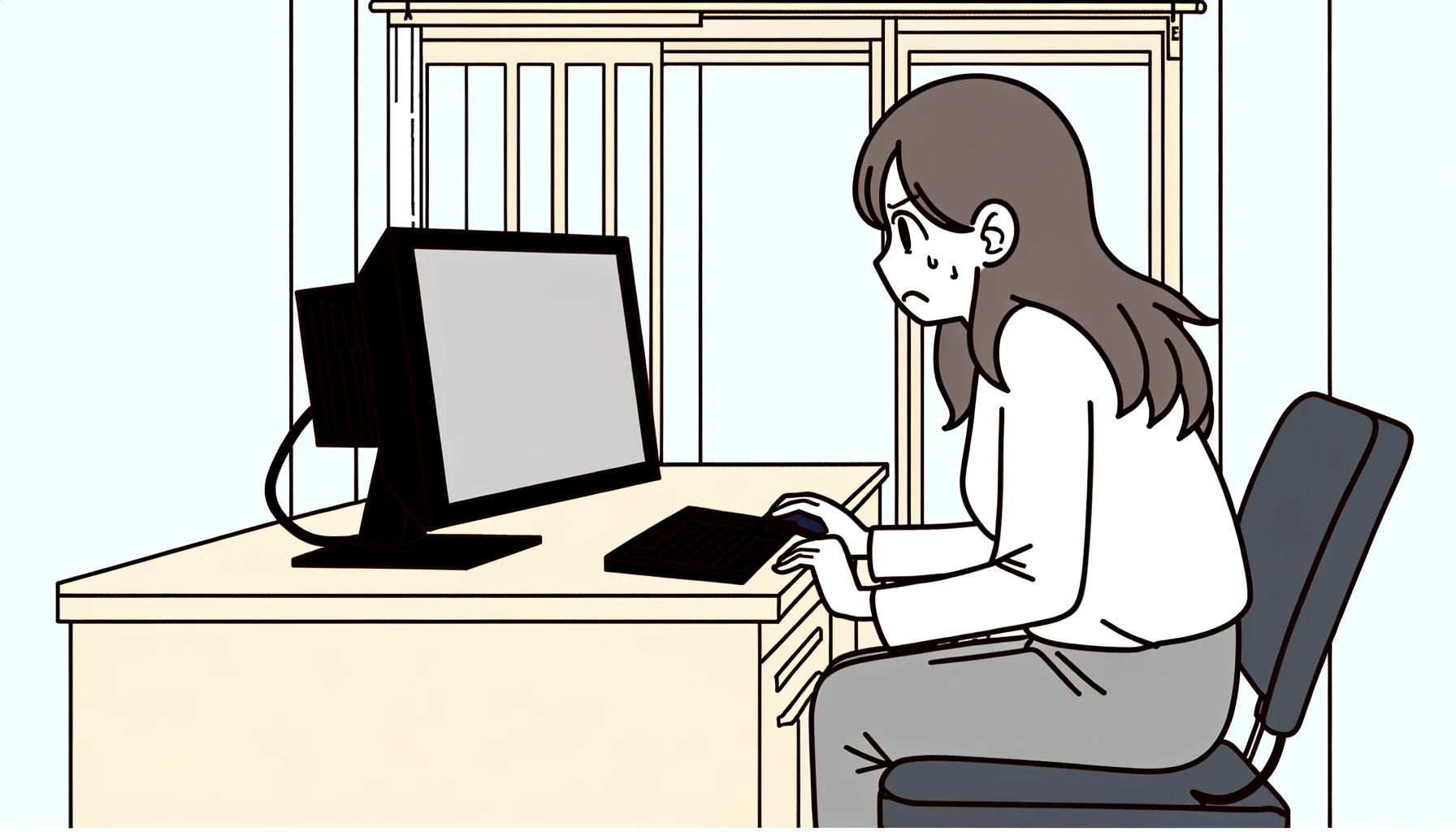 An illustration of a woman with semi-long black hair, looking frustrated and confused in front of a laptop, set in a home office. She is leaning forward towards the screen, trying to decipher the problem. The style is simple and clean, with minimal background details, focusing on the woman and the laptop. The illustration is wide and adopts a style reminiscent of vintage Japanese girl manga, using bright, almost primary colors (marker, pastel colors) to effectively convey the scene's dynamism and expressiveness.