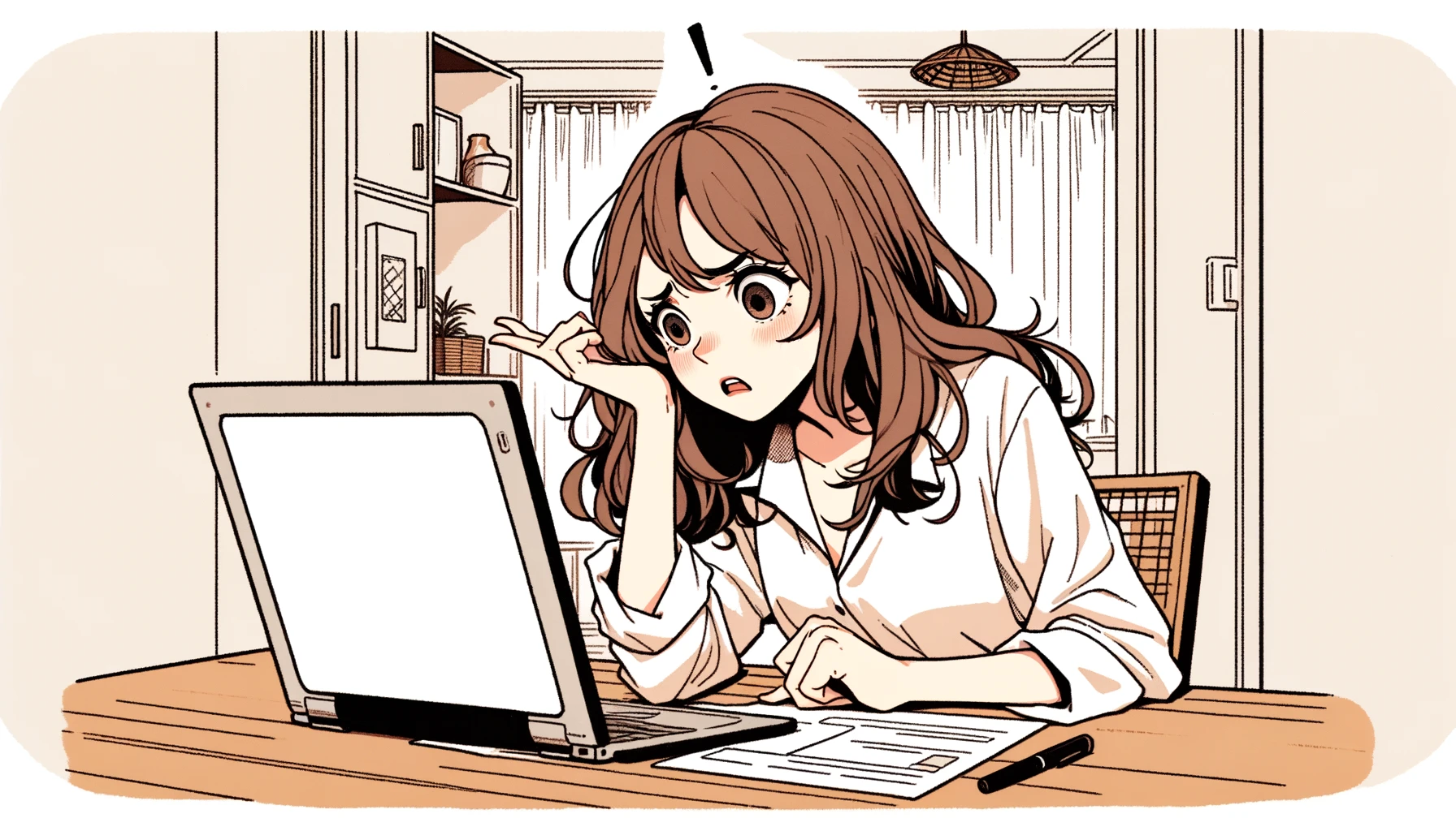 An illustration of a woman with semi-long hair, looking frustrated and confused in front of a laptop, set in a home office. She is leaning forward towards the screen, trying to decipher the problem. The style is simple and clean, with minimal background details, focusing on the woman and the laptop. The illustration is wide and adopts a style reminiscent of vintage Japanese girl manga, using bright, almost primary colors (marker, pastel colors) to effectively convey the scene's dynamism and expressiveness.