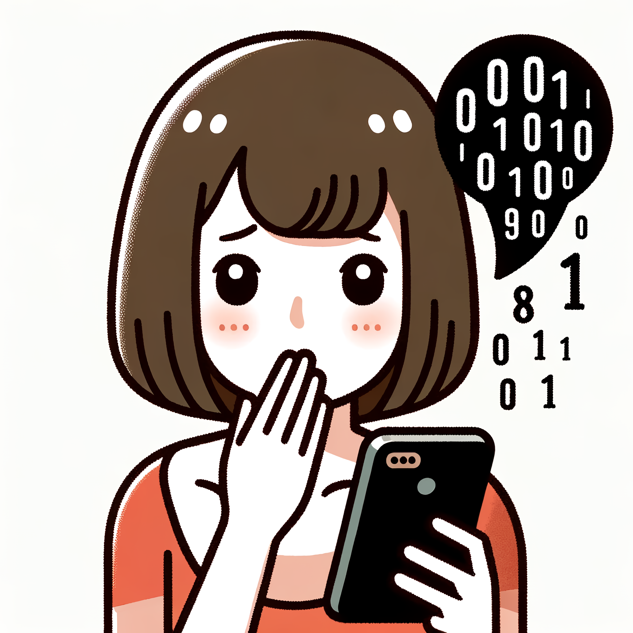 A simple, public-friendly illustration showing a woman with bob hair looking worried as information leaks from her smartphone. The smartphone displays visible data symbols, like ones and zeros, floating away. The woman has a concerned expression and is holding her hand to her mouth. She has a stylish bob haircut. The background is plain to maintain focus on the subject. The illustration is designed in a very simple and cartoonish style, with bright, but not overwhelming, colors, ideal for public information materials.