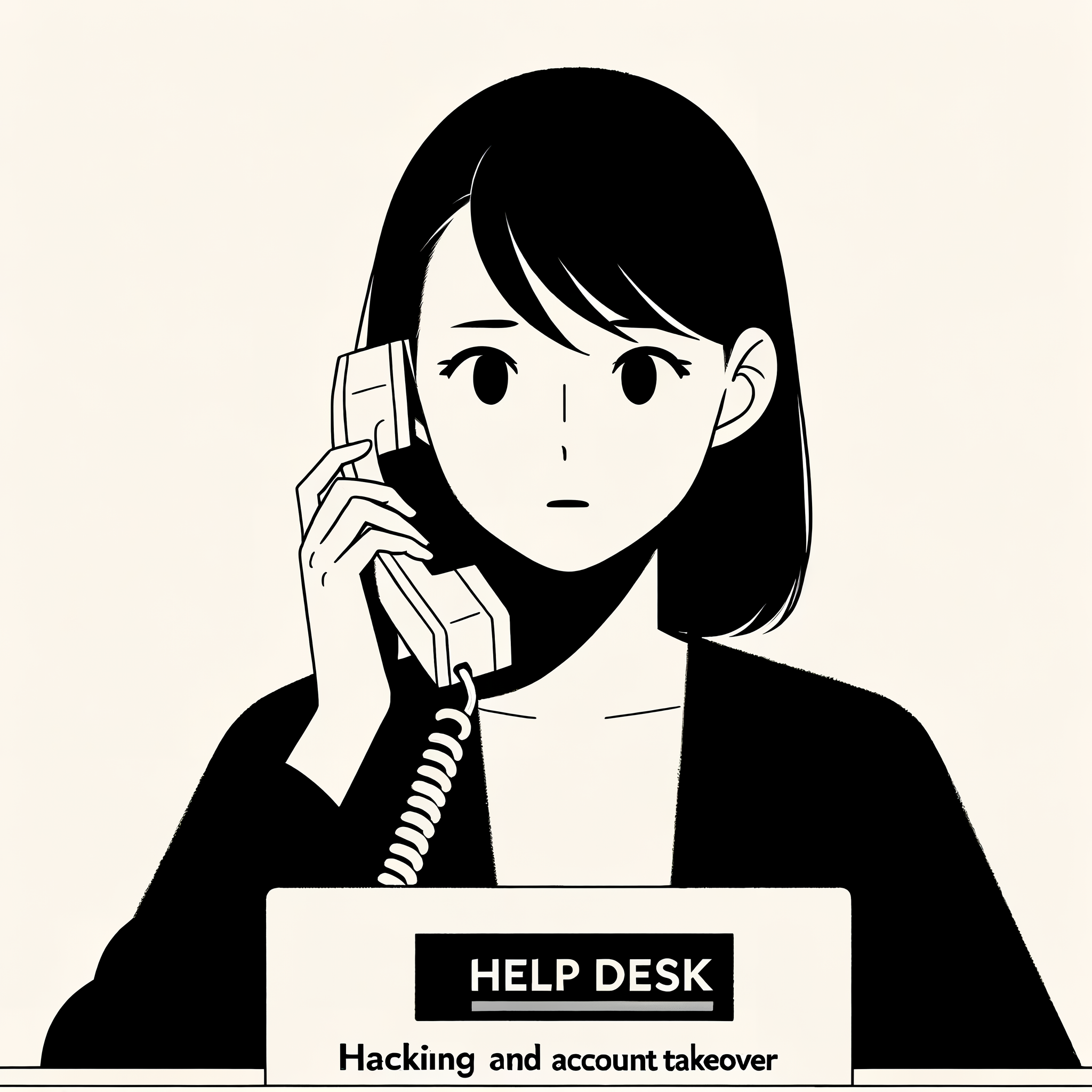 A very simple illustration of a Japanese woman with black hair, consulting a help desk about hacking and account takeover issues. The woman is depicted in a straightforward, minimalistic style, conveying a sense of urgency and concern. She is on the phone, with a worried but calm expression. The background is plain and uncluttered, focusing the attention on the woman and her situation. The illustration should have a clean and straightforward aesthetic, emphasizing clarity and simplicity.