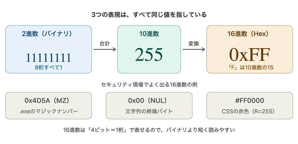 バイナリ・10進数・16進数の相互変換を示す図