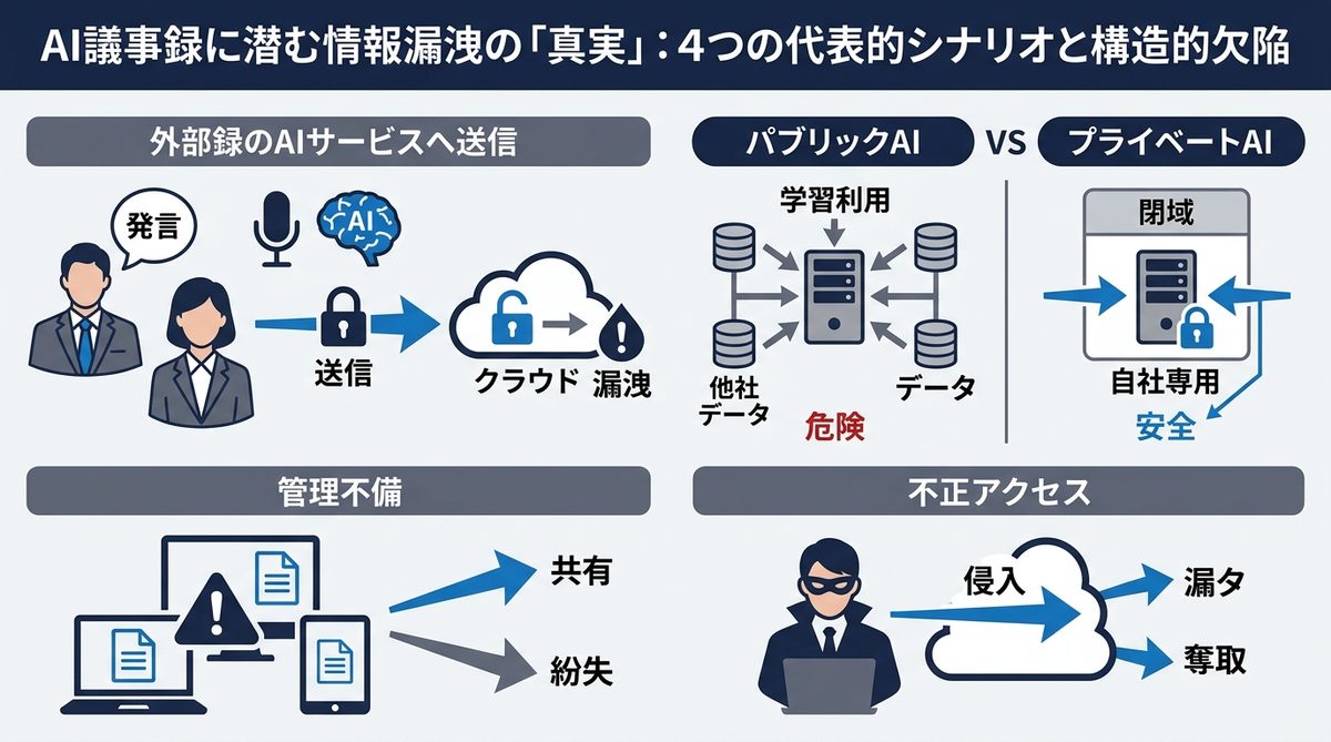 図解：AI議事録に潜む情報漏洩の「真実」：4つの代表的シナリオと構造的欠陥