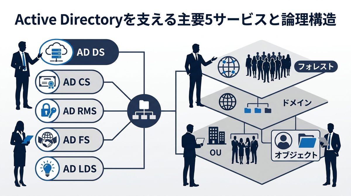 図解：Active Directoryを支える主要5サービスと論理構造