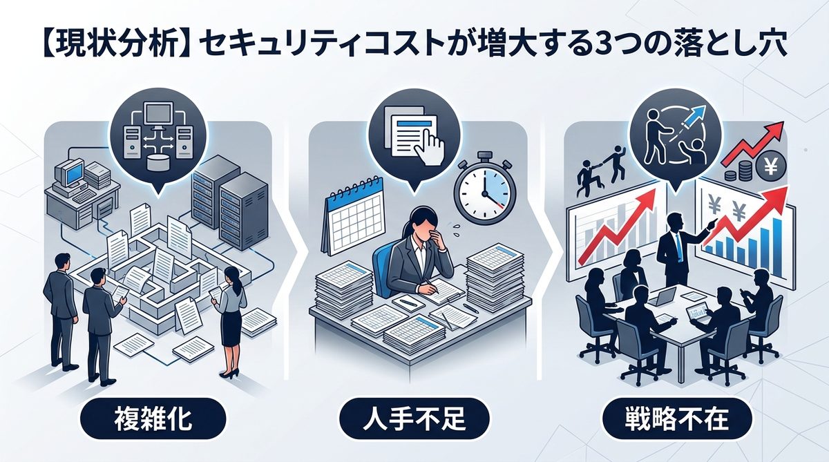 図解：【現状分析】セキュリティコストが増大する3つの落とし穴