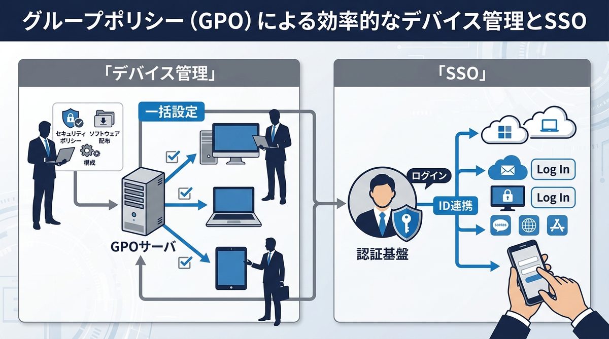 図解：グループポリシー（GPO）による効率的なデバイス管理とSSO