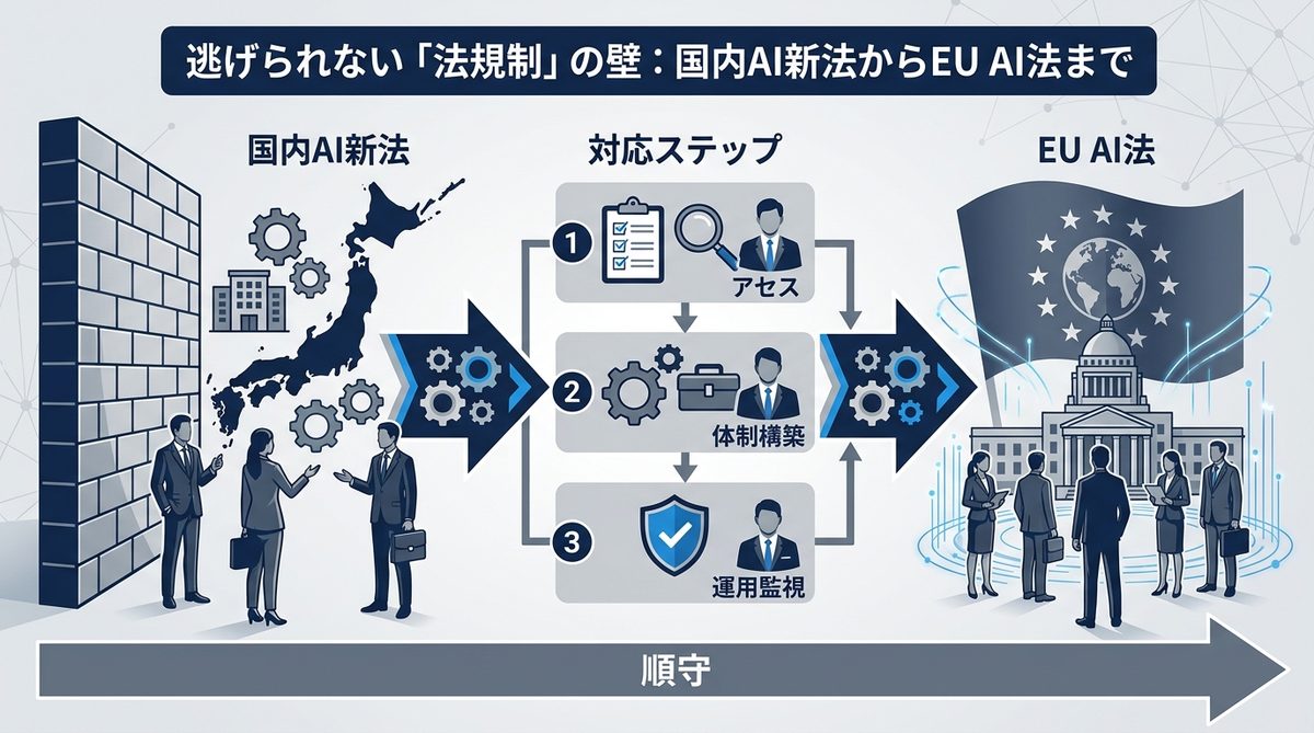 図解：逃げられない「法規制」の壁：国内AI新法からEU AI法まで