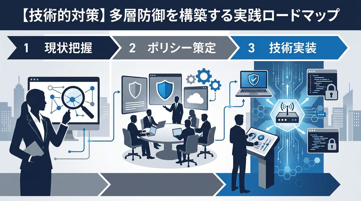 図解：【技術的対策】多層防御を構築する実践ロードマップ