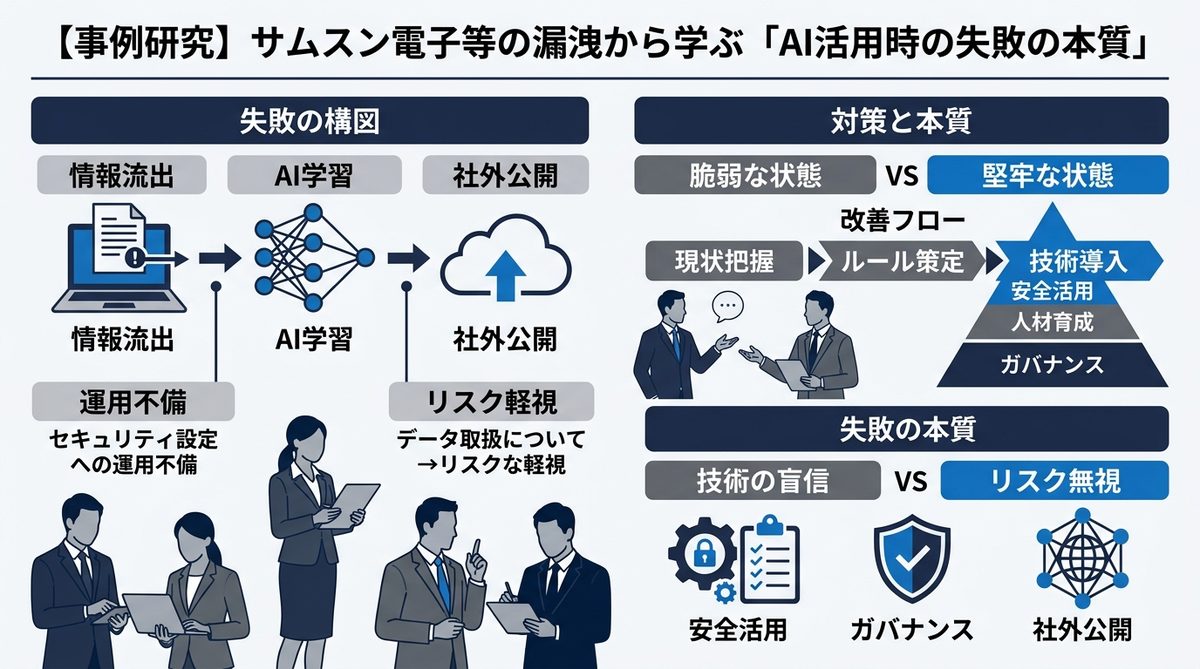 図解：【事例研究】サムスン電子等の漏洩から学ぶ「AI活用時の失敗の本質」