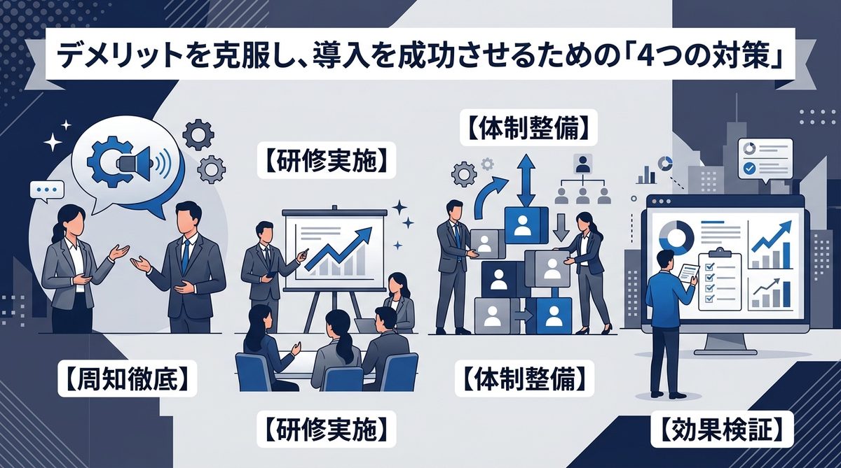 図解:デメリットを克服し、導入を成功させるための「4つの対策」
