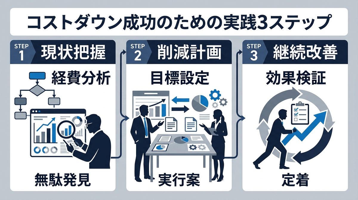 図解：コストダウン成功のための実践3ステップ