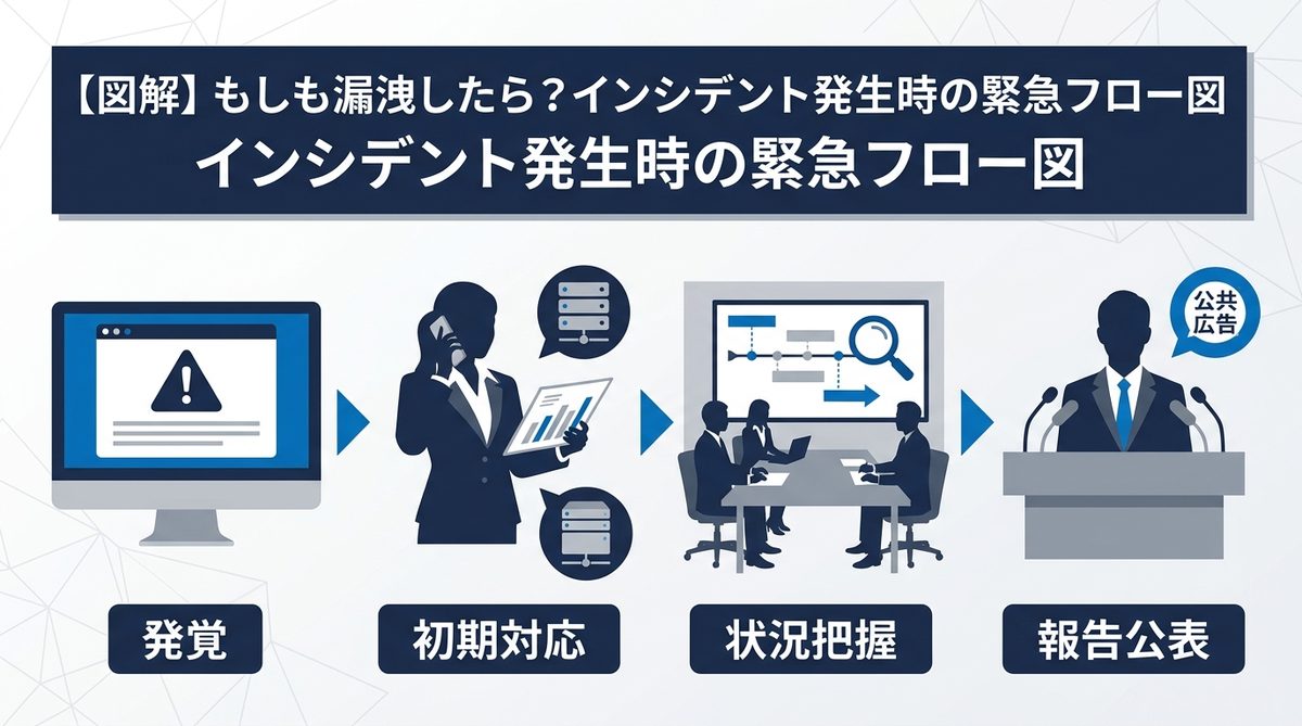 図解：【図解】もしも漏洩したら？インシデント発生時の緊急フロー図