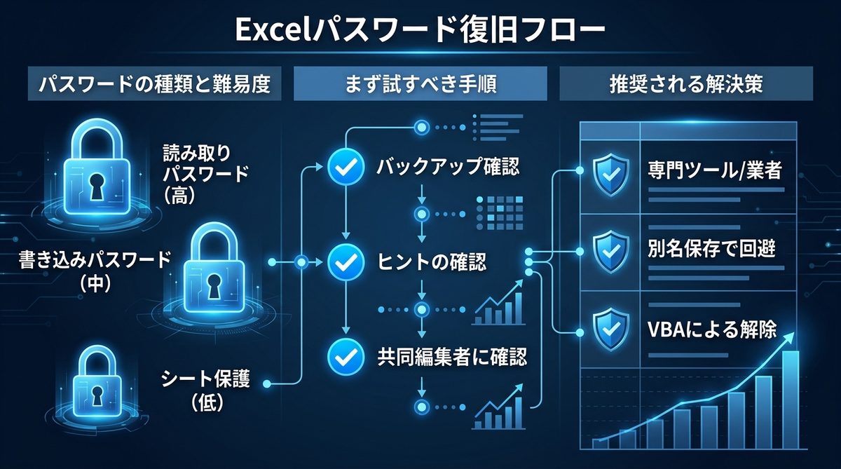 図解：【緊急度別】Excelパスワードを忘れた時の種類と復旧フロー