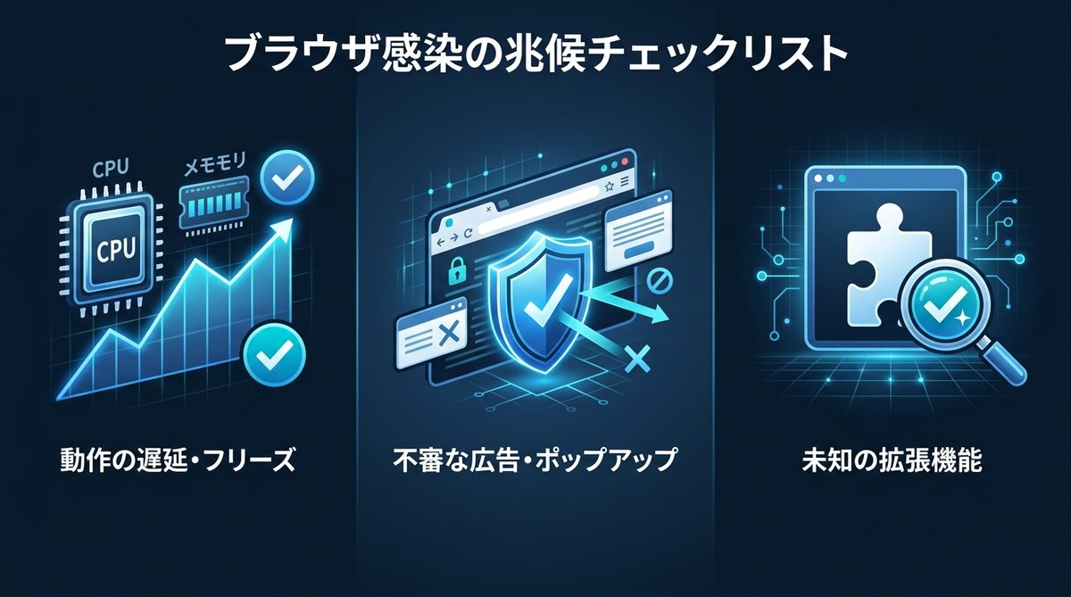 図解：ブラウザが重い・広告が勝手に出る？感染の兆候チェックリスト