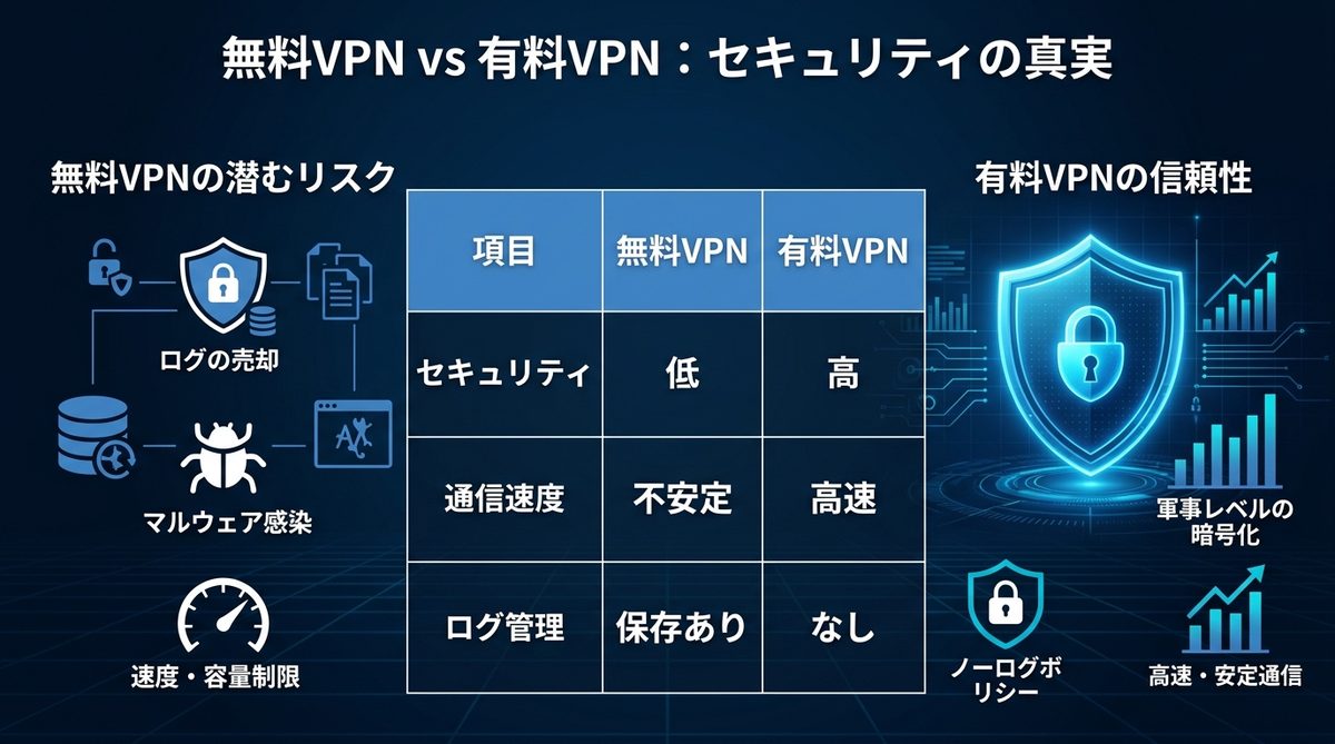 図解：無料VPNの「潜む危険性」と有料サービスとの決定的な違い
