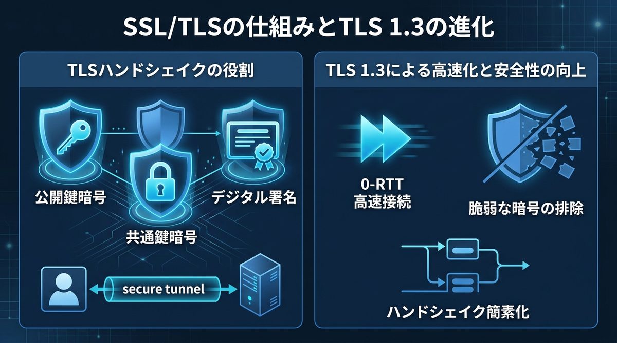 図解：【技術深掘り】SSL/TLSの通信プロセスとTLS 1.3の技術的優位性