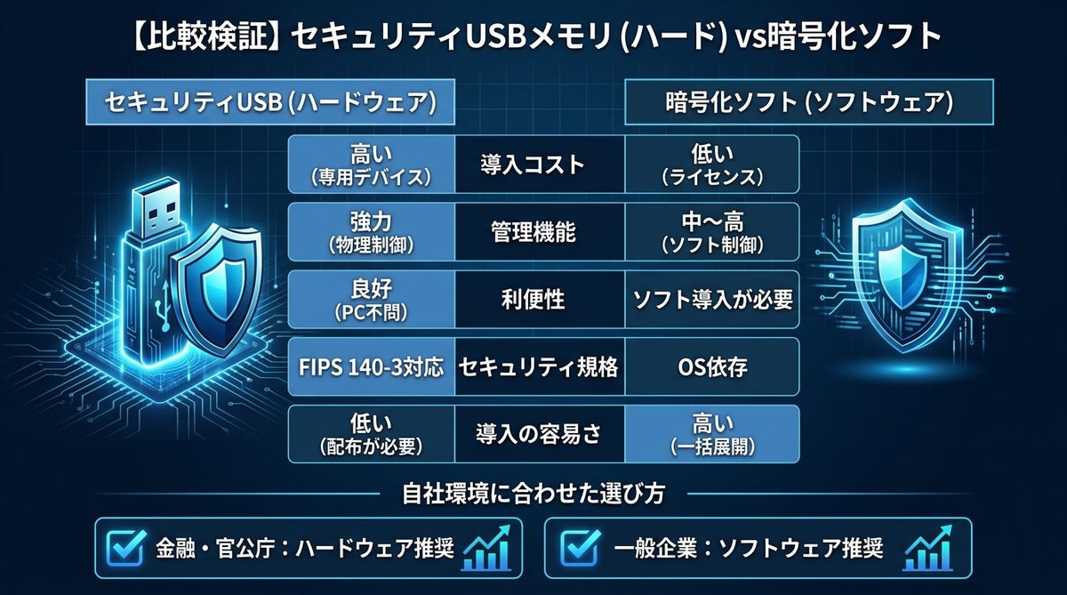 図解：【比較検証】セキュリティUSBメモリ（ハード）vs暗号化ソフト