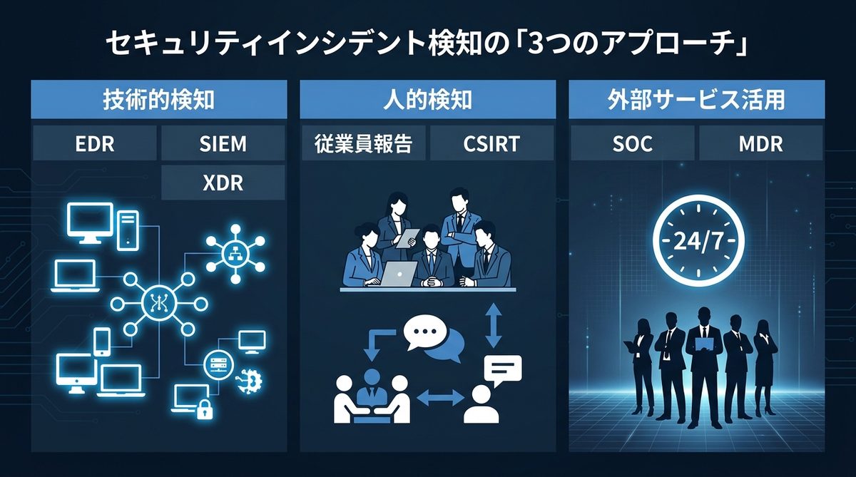 図解：セキュリティインシデント検知の「3つのアプローチ」と役割分担