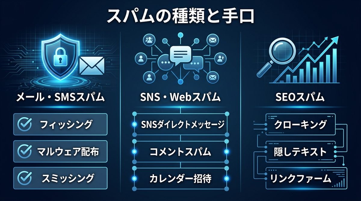 図解：【網羅】スパムの種類と手口：メールからSNS、SEOスパムまで