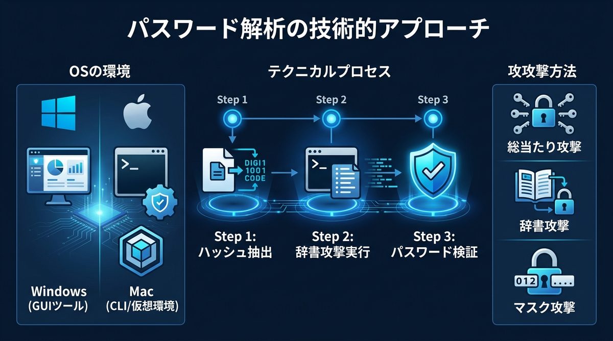 図解:環境別・手法別:パスワード解析の技術的アプローチ