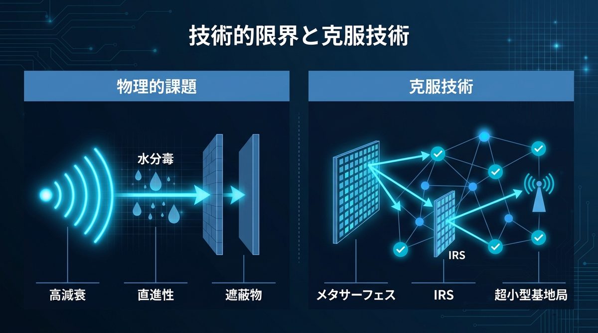 図解：技術的限界：テラヘルツ波の物理的課題と克服技術