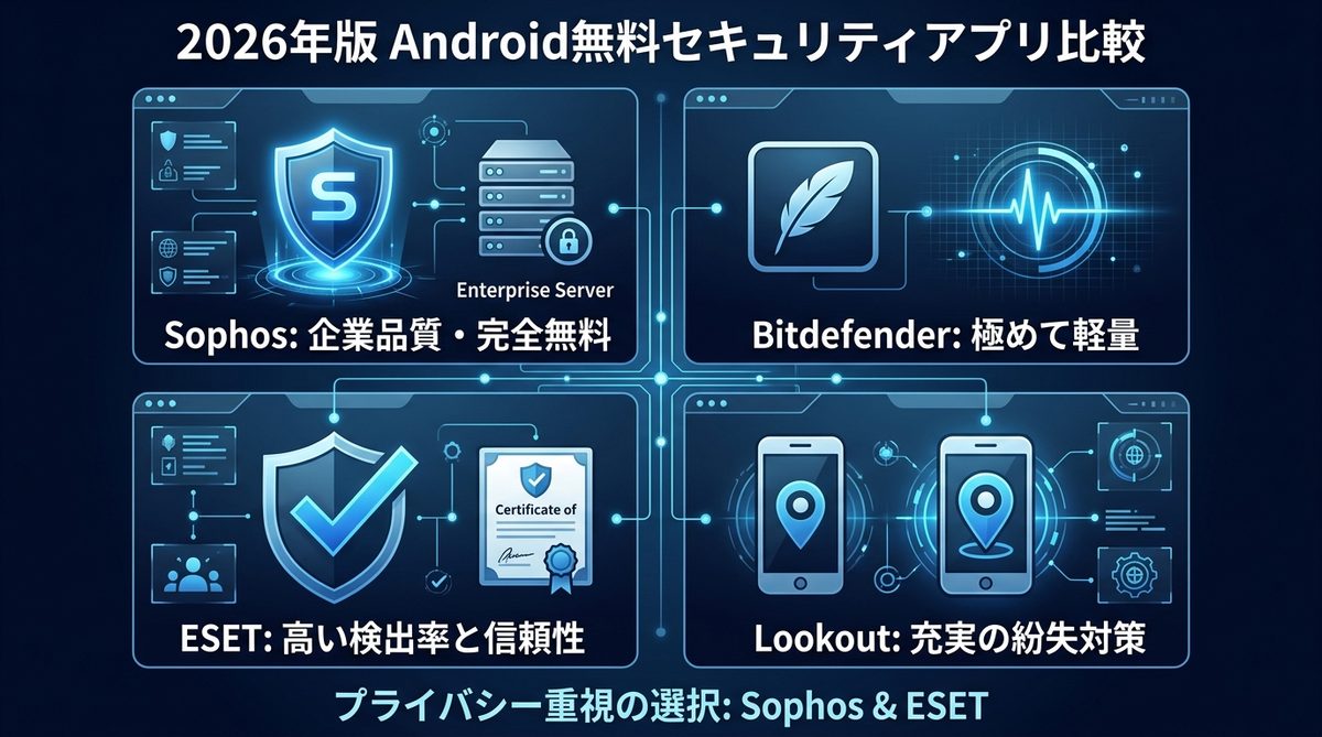 図解：【2026年版】厳選！おすすめAndroid無料セキュリティアプリ比較表