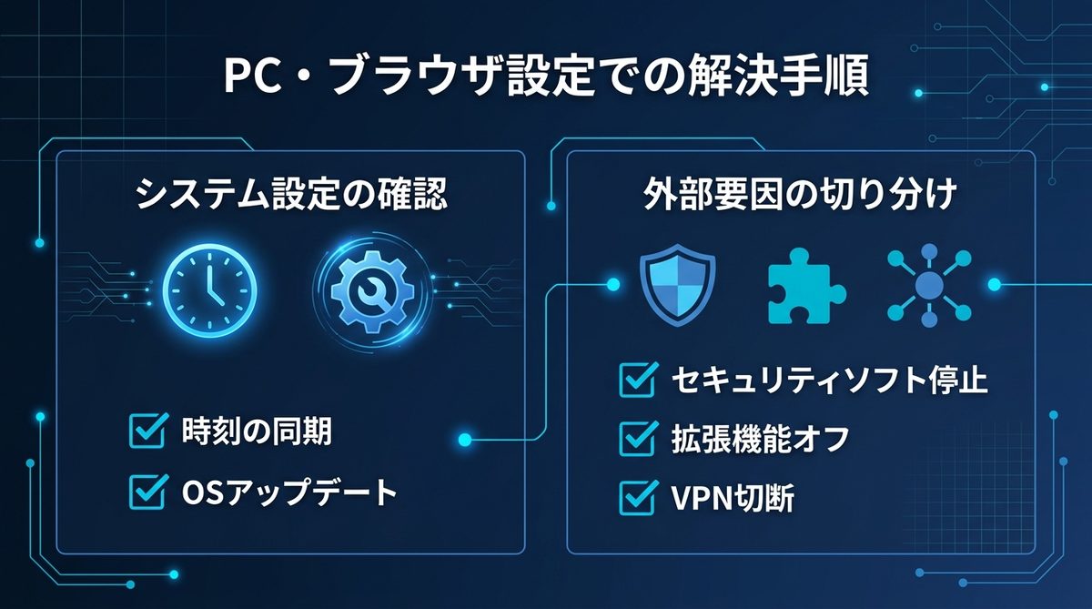 図解:【ユーザー向け】PC・ブラウザ設定での解決手順