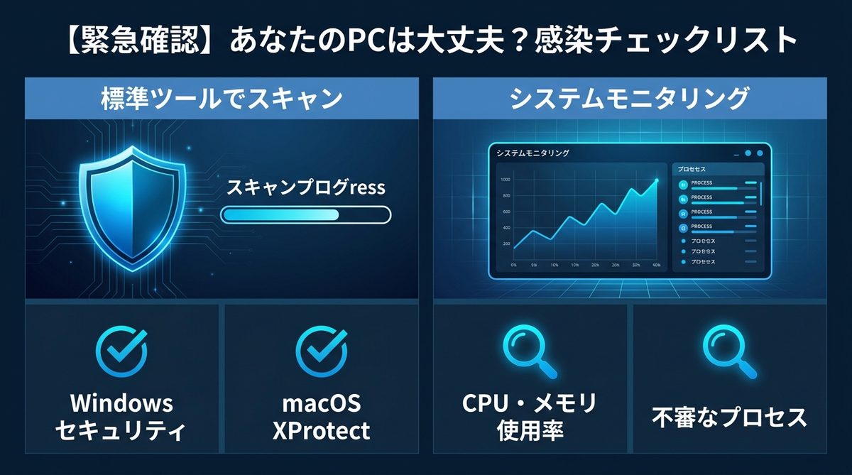 図解：【緊急確認】あなたのPCは大丈夫？感染チェックリスト