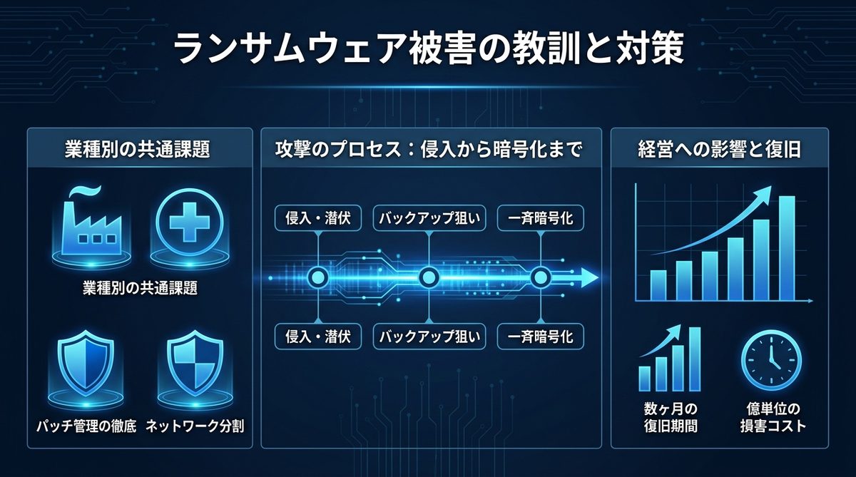 図解:【業種別】ランサムウェア被害事例から学ぶ教訓