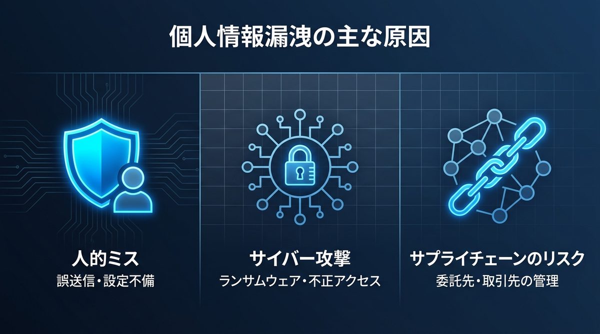 図解：なぜ流出するのか？近年の個人情報漏洩における主な原因