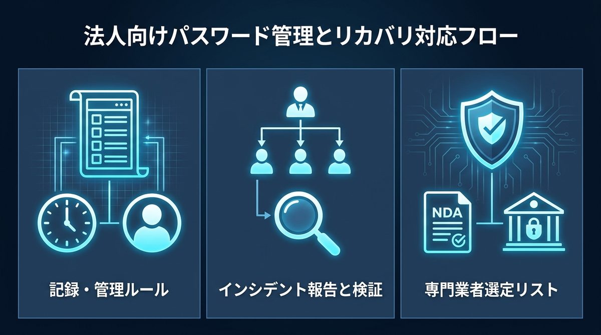 図解：【IT担当者向け】法人におけるパスワード管理とリカバリ対応フロー
