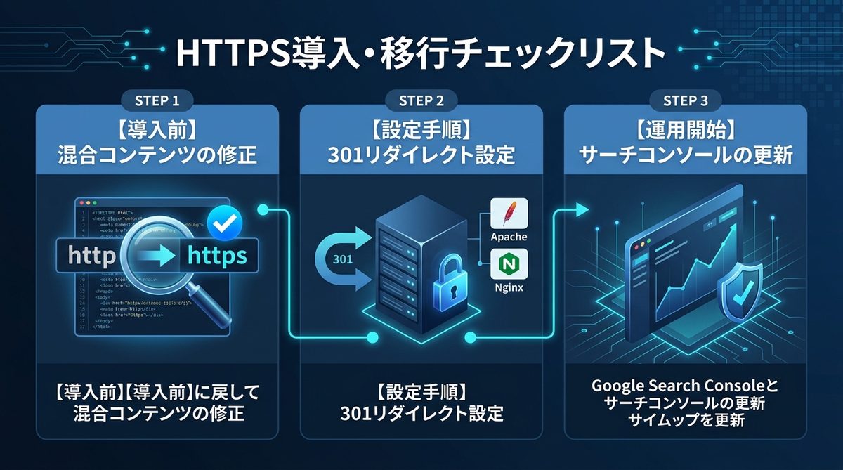 図解：【実践手順】HTTPS導入・移行のチェックリストと具体的な作業手順