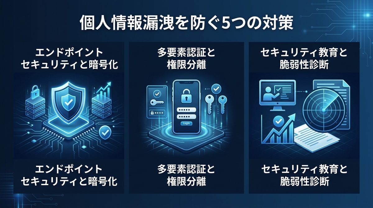 図解：個人情報漏洩を未然に防ぐための5つの技術的・組織的対策