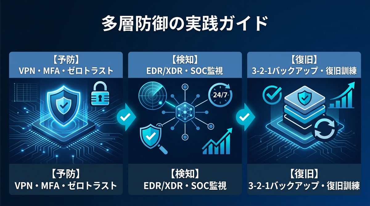 図解:企業が導入すべき多層防御の実践ガイド:予防・検知・復旧