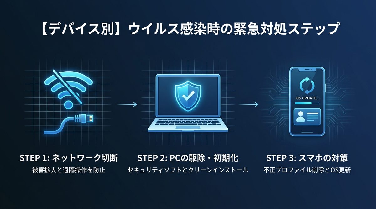 図解：【デバイス別】ウイルス感染時の緊急対処ステップ