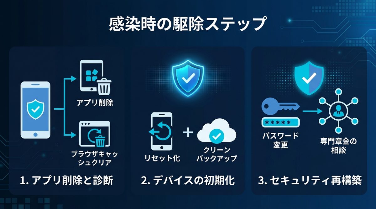 図解:感染が判明した際の駆除ステップ【iPhone・Android別】