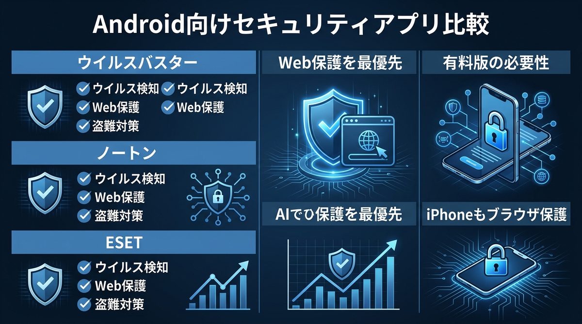 図解:【プロが選ぶ】Android向けセキュリティアプリ比較と推奨機能