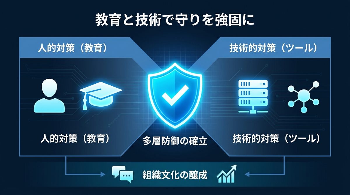 図解:教育と技術対策の組み合わせでセキュリティを強固に