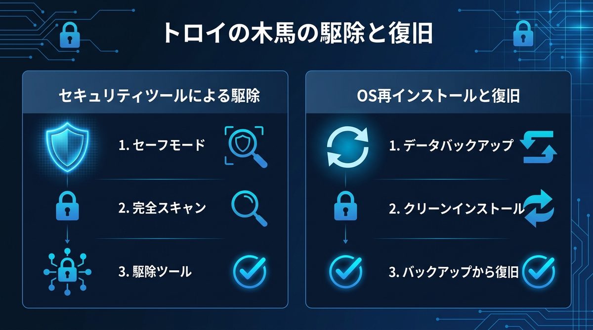 図解：トロイの木馬を駆除・復旧させるための具体的な手法