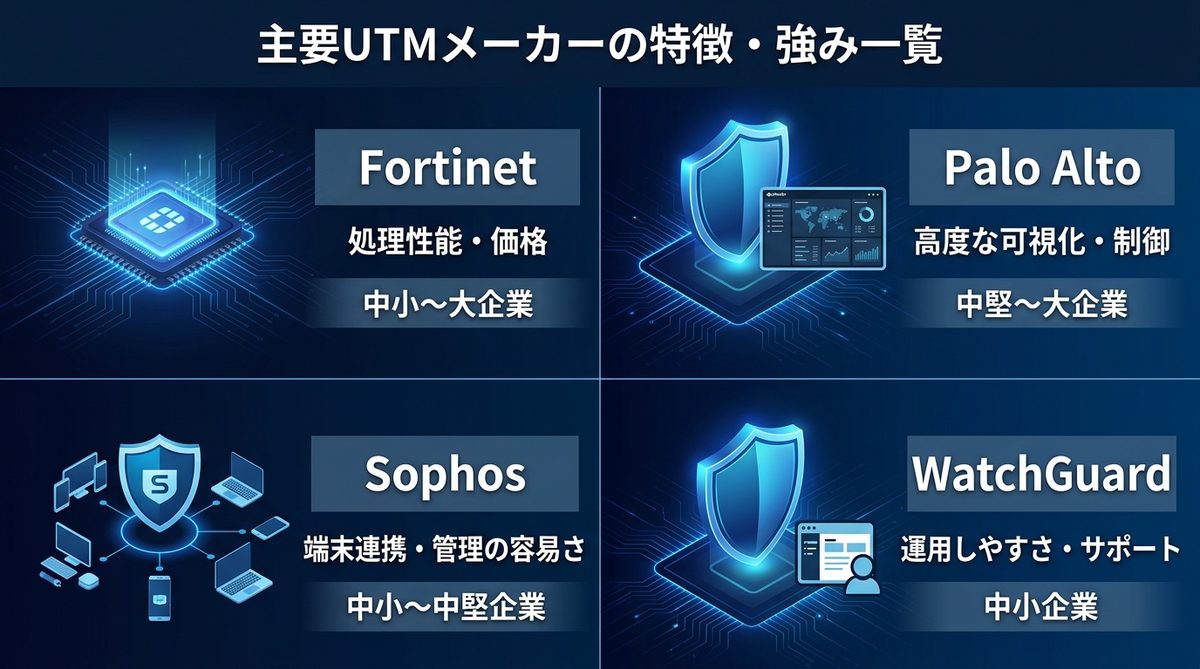 図解：主要UTMメーカーの特徴・強み一覧