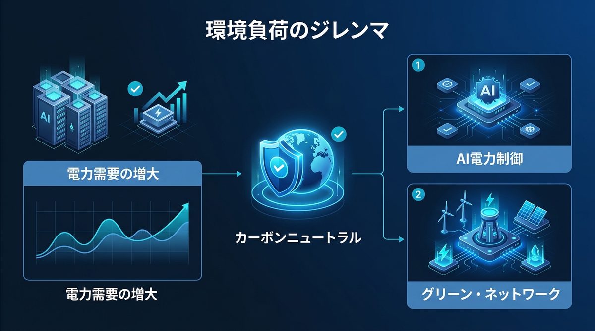 図解：環境負荷のジレンマ：電力消費の増大とグリーン化